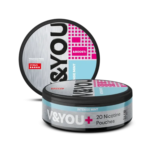Round silver, pick and blue container with labelled V&You Mint & Boost flavour and 27 mg/g strength.