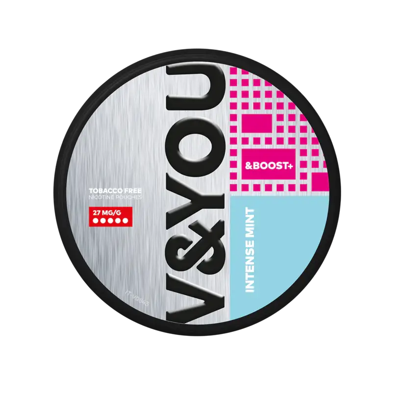 Round silver, pick and blue container with labelled V&You Mint & Boost flavour and 27 mg/g strength.