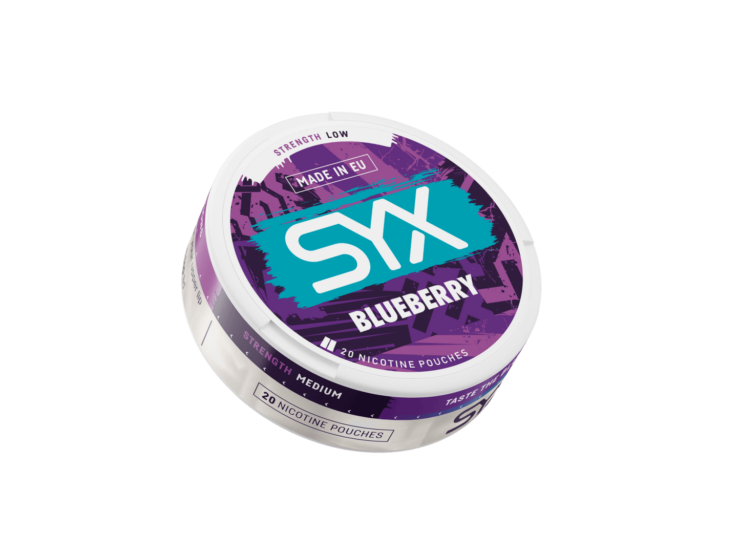 SYX Blueberry nicotine pouches packaging on a black background