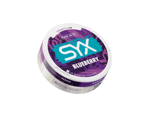 SYX Blueberry nicotine pouch container on a white background