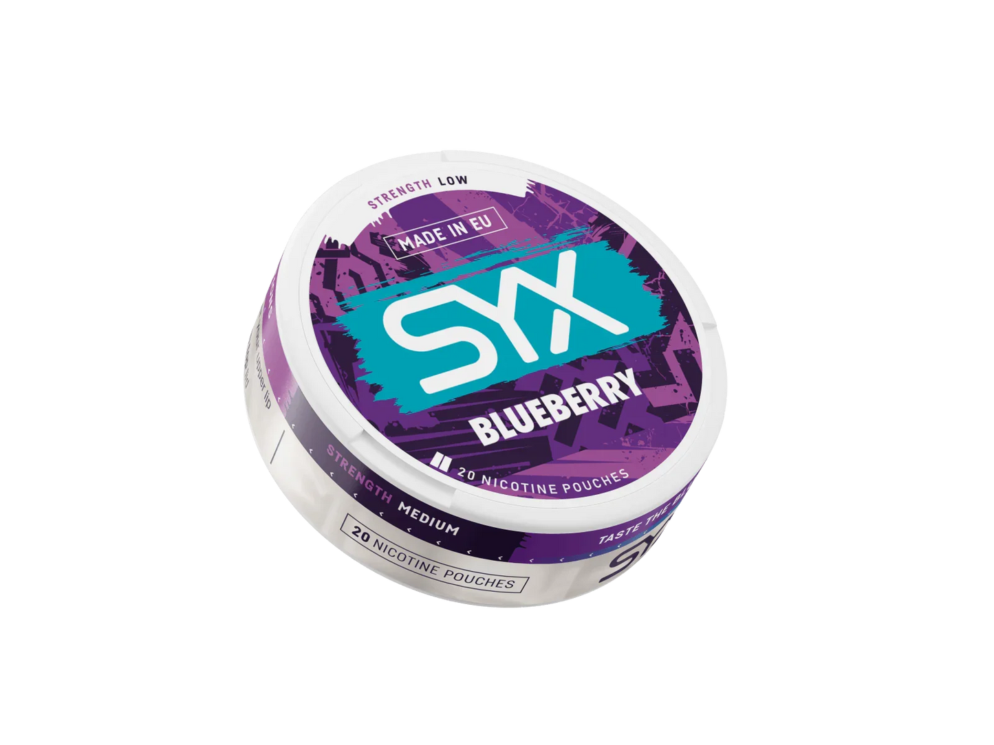 SYX Blueberry nicotine pouches packaging on a black background