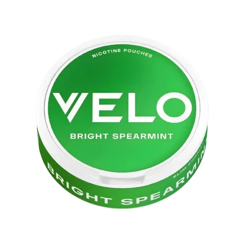 Green container of Velo Bright Spearmint nicotine pouches on a white background