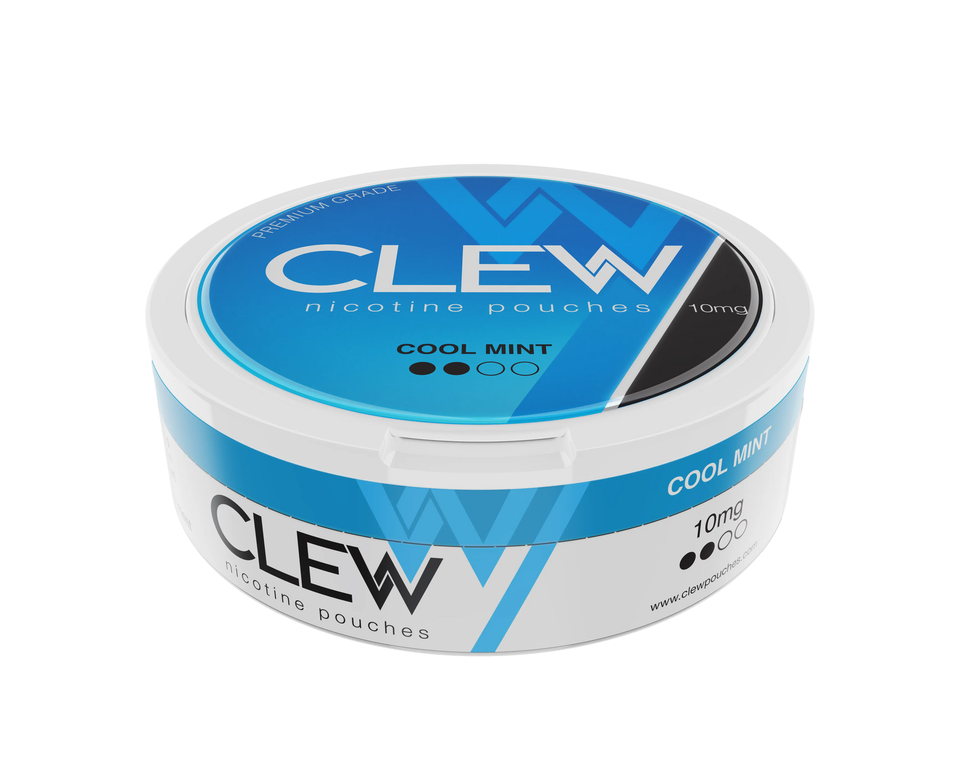 Round blue container with labelled CLEW COOL MINT, Nicotine Pouches flavour and 10mg strength.