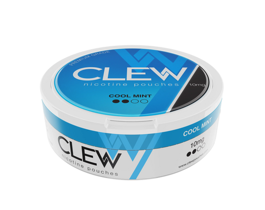 Round blue container with labelled CLEW COOL MINT, Nicotine Pouches flavour and 10mg strength.