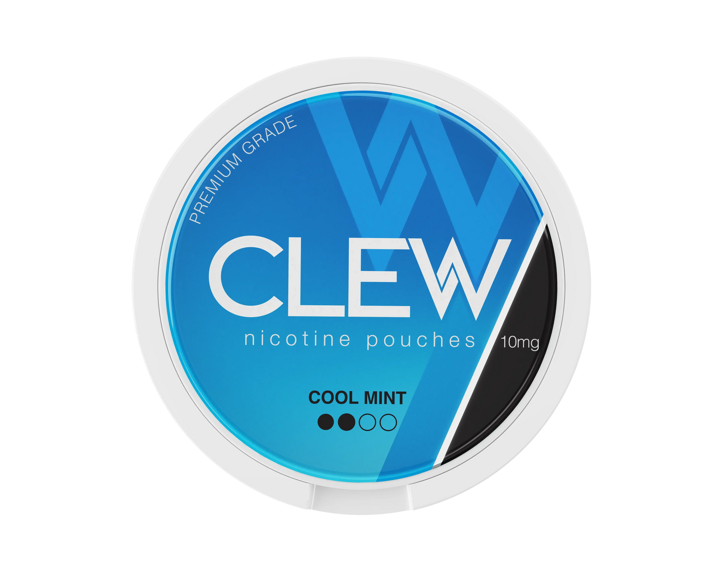 Round blue container with labelled "CLEW COOL MINT, Nicotine Pouches" flavour and "10mg" strength.