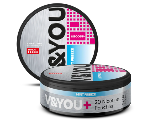 V&You Mint Freeze & Boost nicotine pouches in a round container, 27 mg/g.