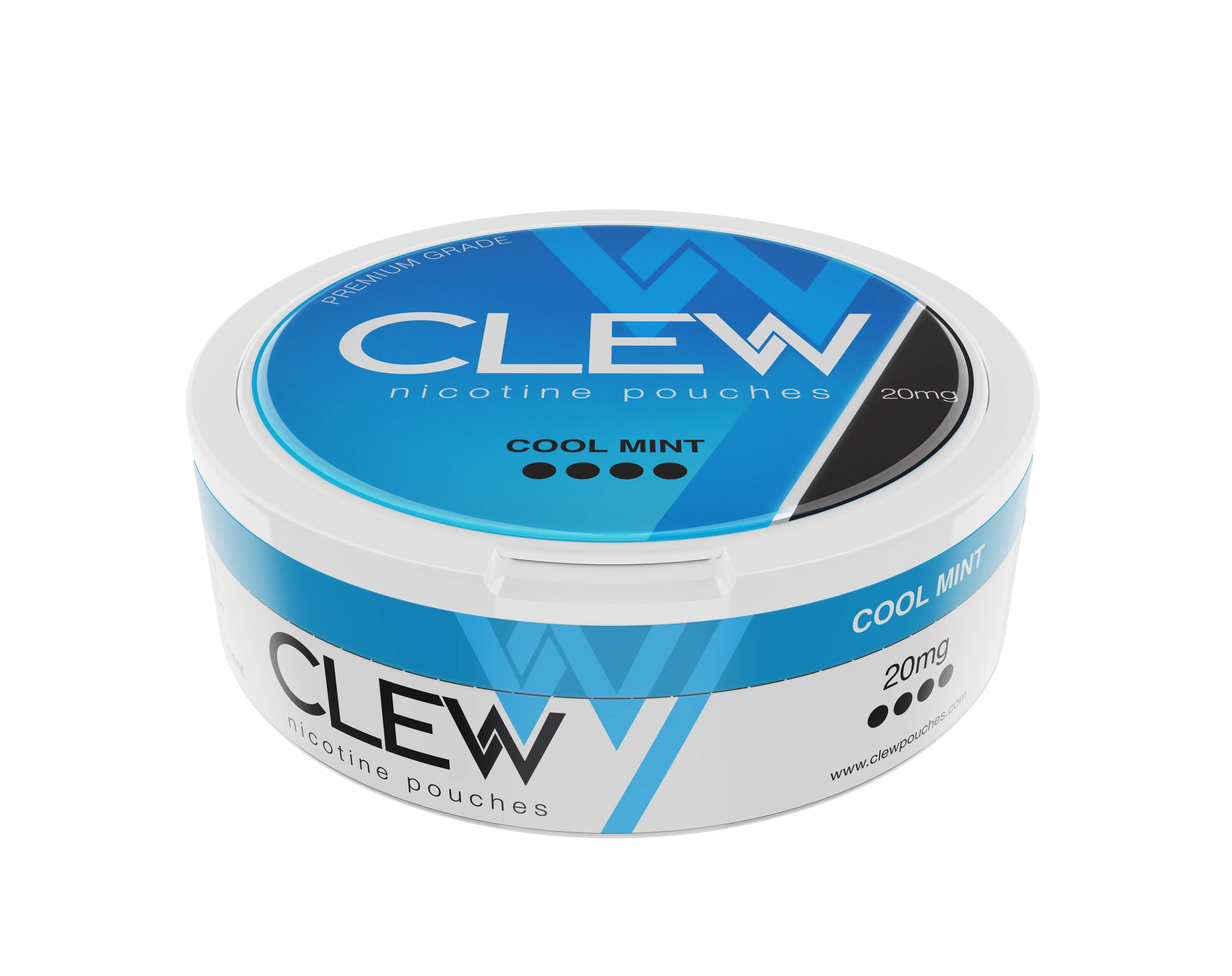 CLEW nicotine pouches tin with a cool mint flavour, featuring a blue and black design, marked as 20mg strength and premium grade.