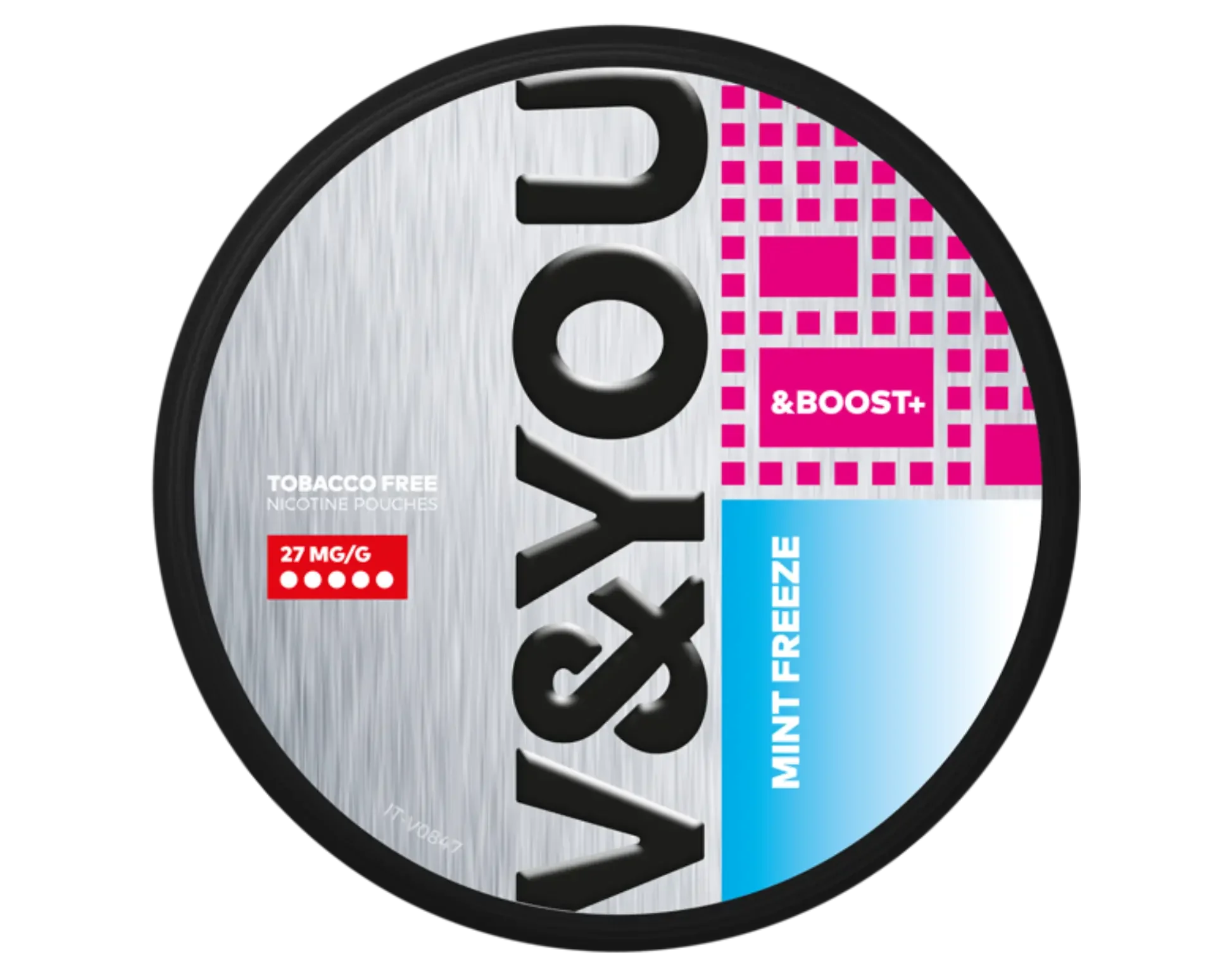 V&You Mint Freeze & Boost nicotine pouches in a round container, 27 mg/g.