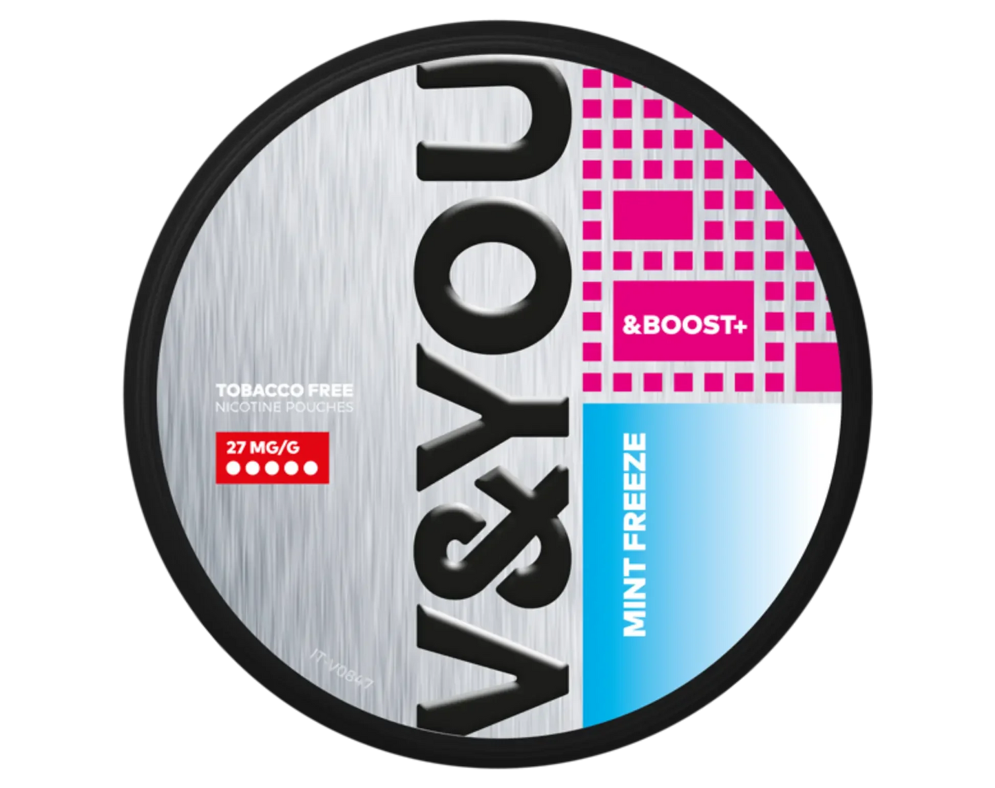 V&You Mint Freeze & Boost nicotine pouches in a round container, 27 mg/g.