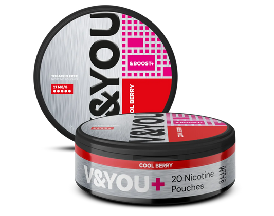 V&You Cool Berry & Boost nicotine pouch, 27 mg/g, tobacco-free.