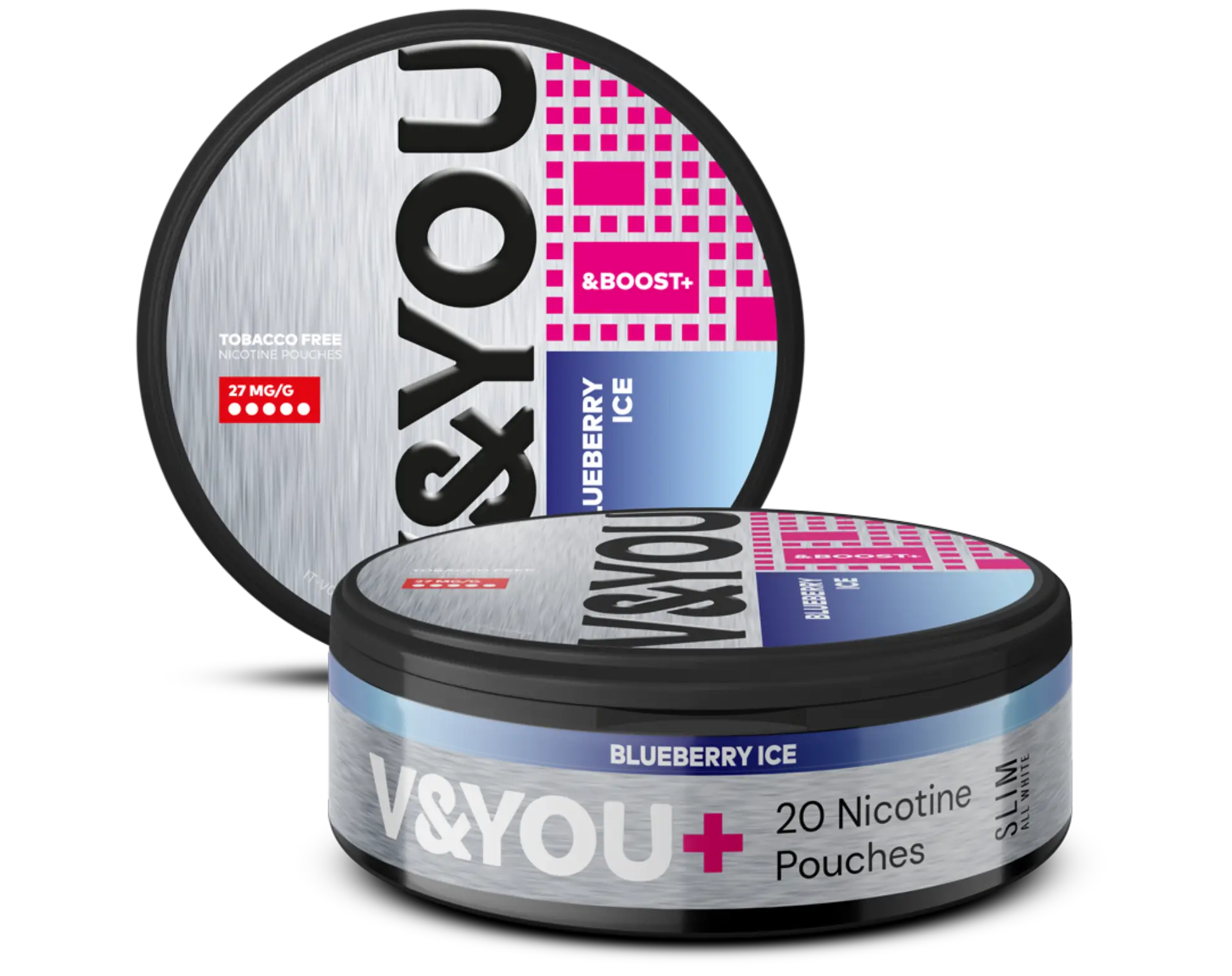 V&You Blueberry Ice & Boost nicotine pouches, 20 per container.