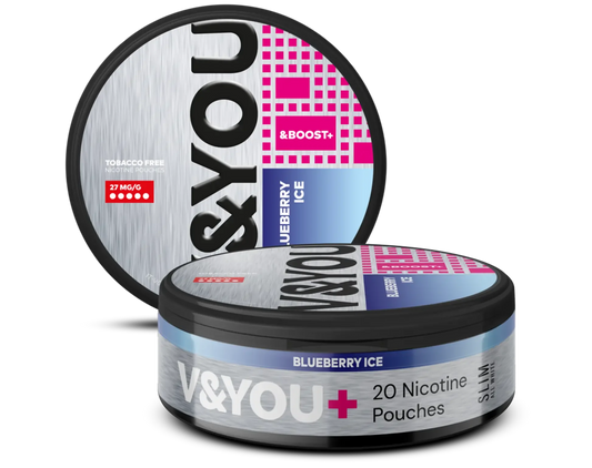 V&You Blueberry Ice & Boost nicotine pouch, 27 mg/g, tobacco-free.