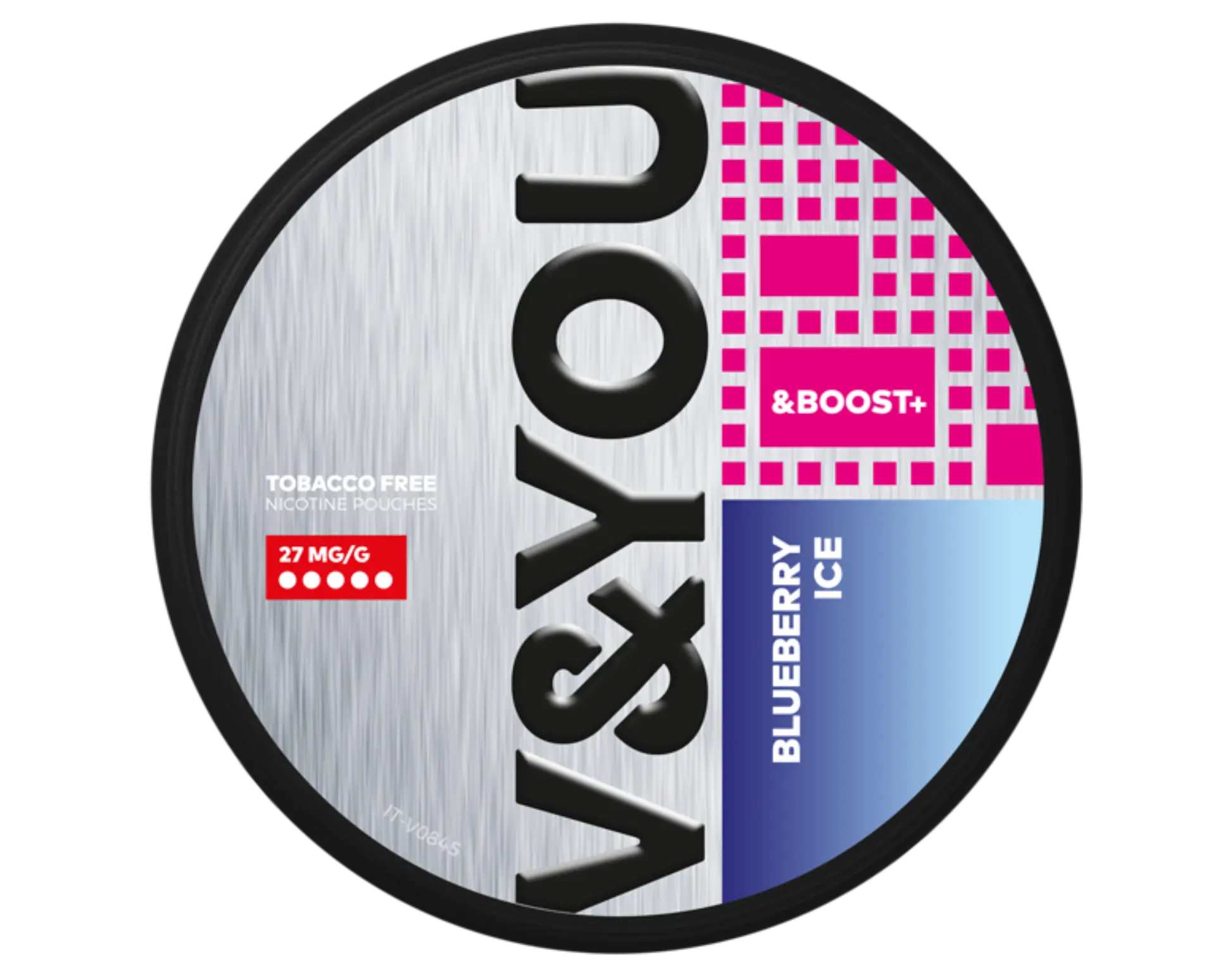 V&You Blueberry Ice & Boost nicotine pouch, 27 mg/g, tobacco-free.