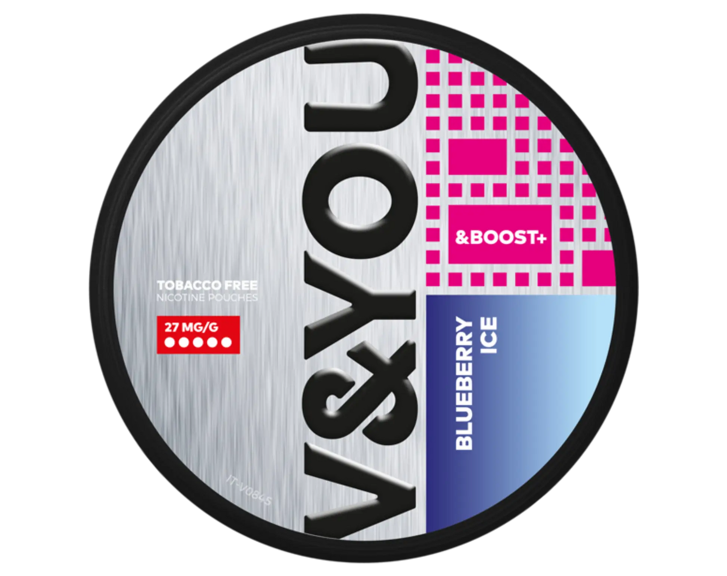V&You Blueberry Ice & Boost nicotine pouch, 27 mg/g, tobacco-free.