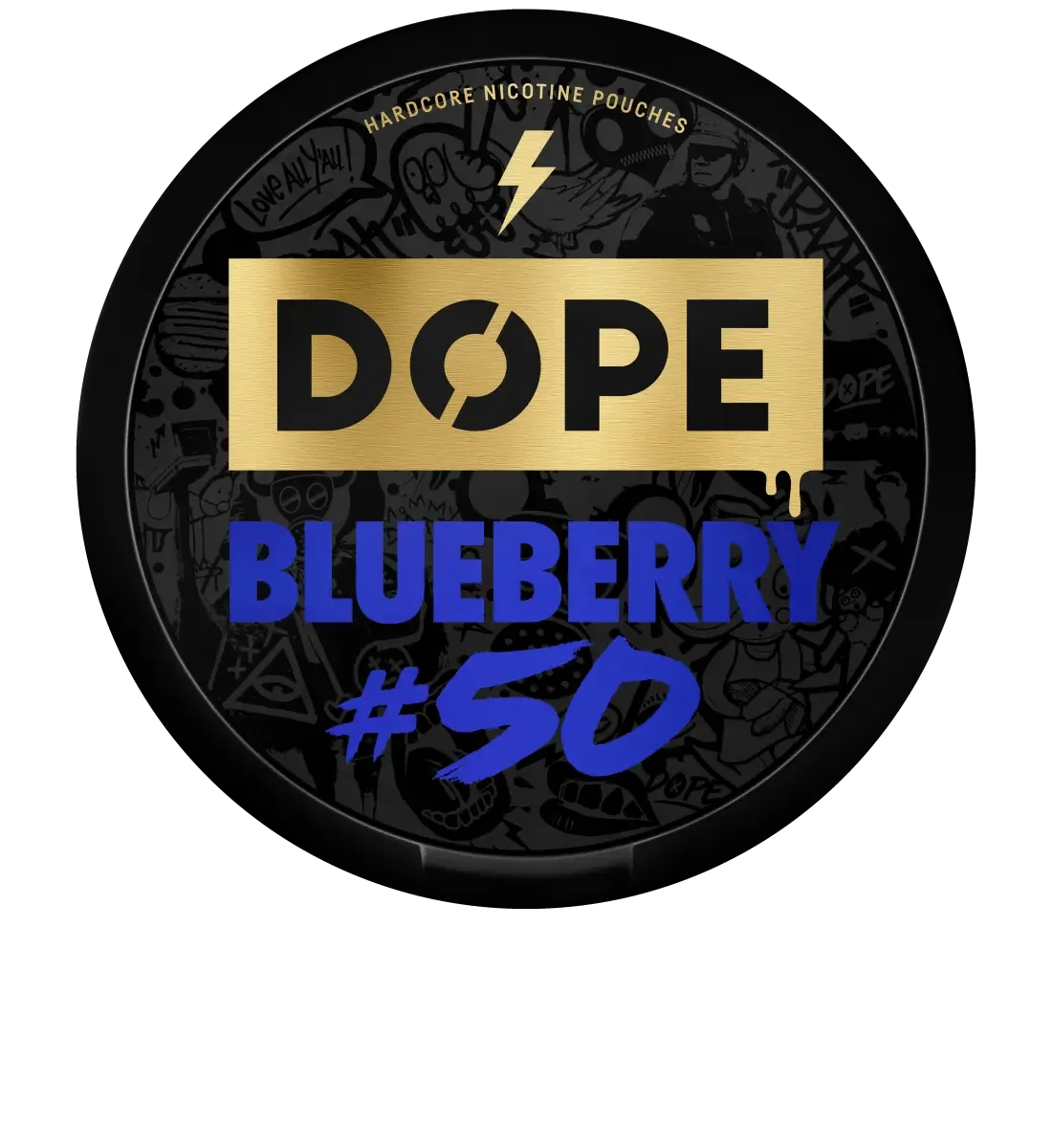 Round black tin of nicotine pouches labeled "DOPE" with a gold background, featuring "BLUEBERRY #50" in blue text below.