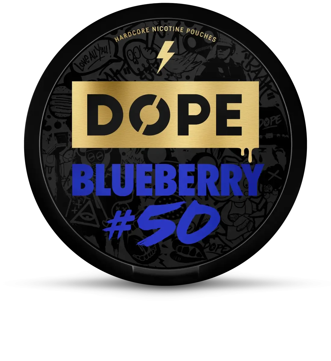 Round black tin of nicotine pouches labeled DOPE with a gold background, featuring BLUEBERRY #50 in blue text below.