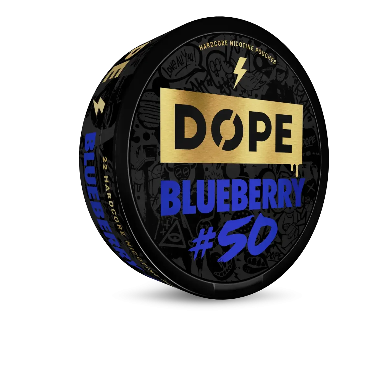 Round black tin of nicotine pouches labeled "DOPE" with a gold background, featuring "BLUEBERRY #50" in blue text below.