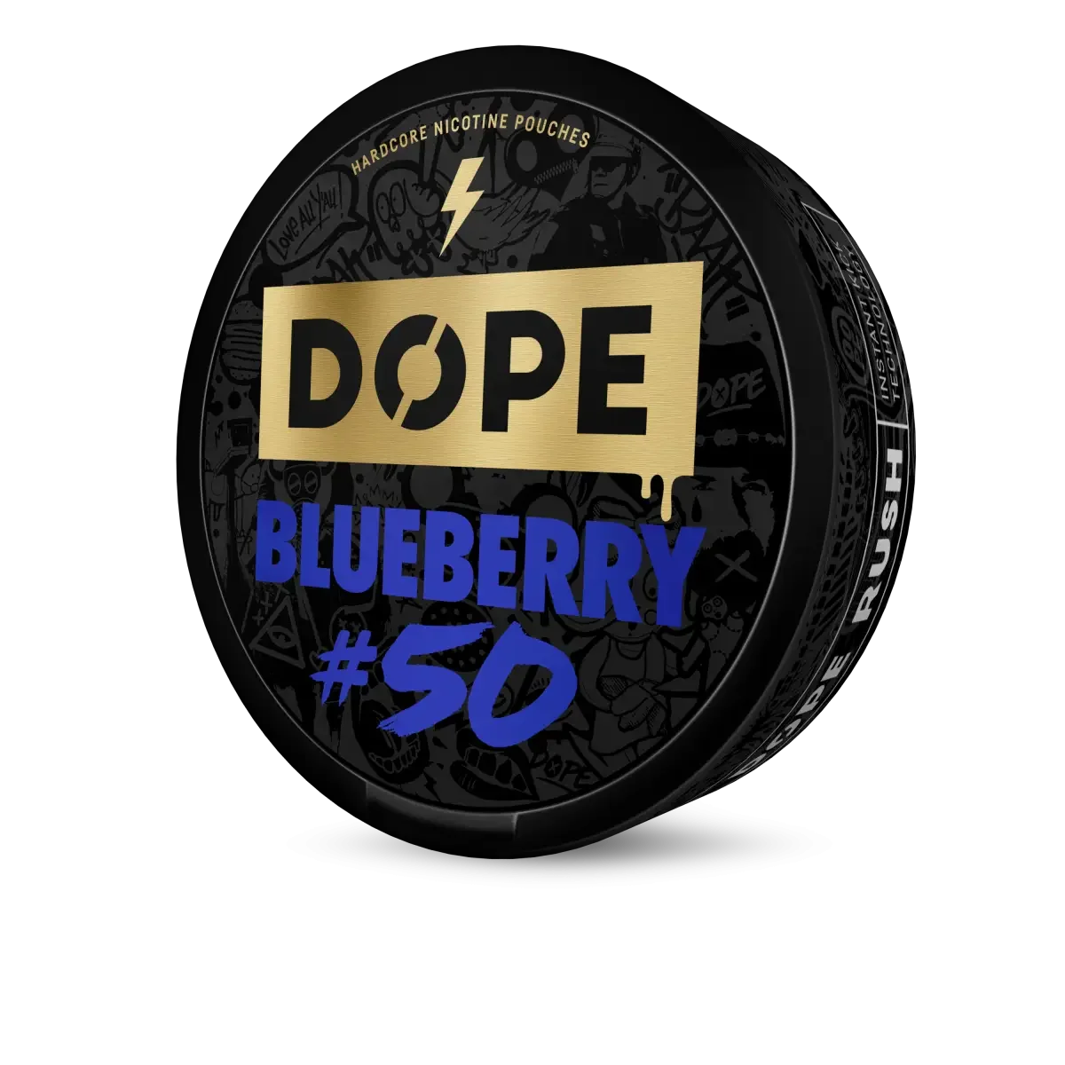 Round black tin of nicotine pouches labeled "DOPE" with a gold background, featuring "BLUEBERRY #50" in blue text below.