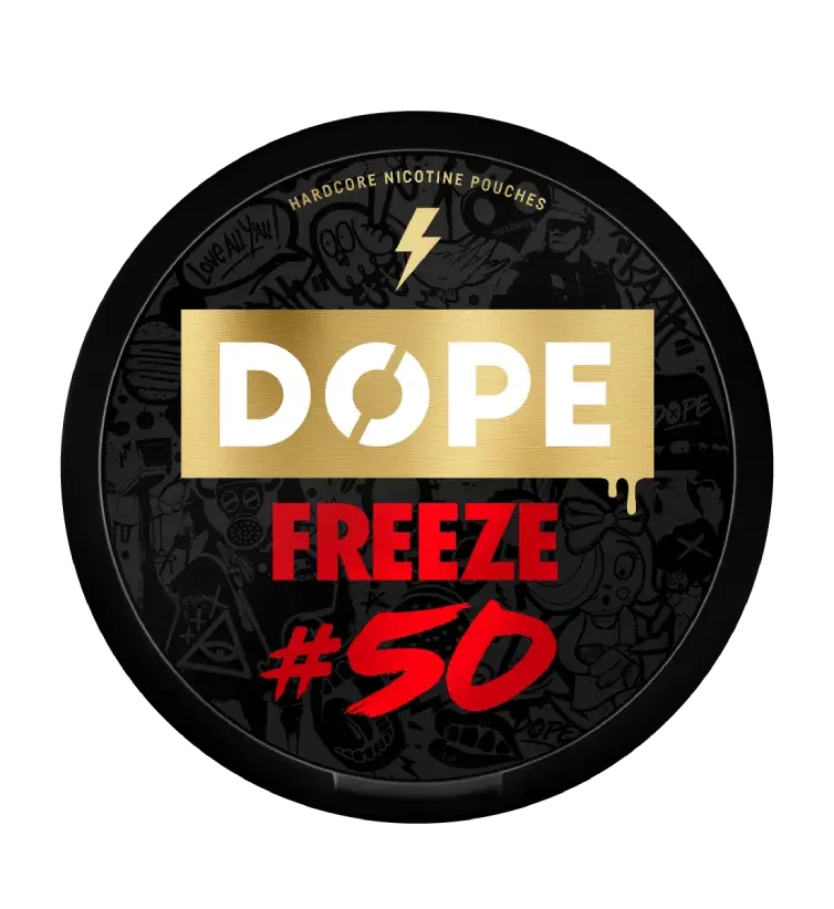 Round black tin of nicotine pouches labeled "DOPE" with a gold background, featuring "FREEZE #50" in red text below.
