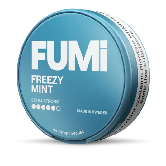 Blue container of FUMi Freezy Mint nicotine pouches on a white background