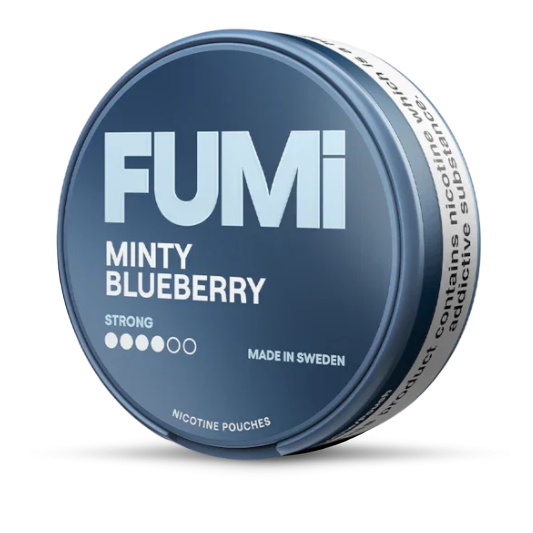 Fumi Minty Blueberry nicotine pouch container on a white background