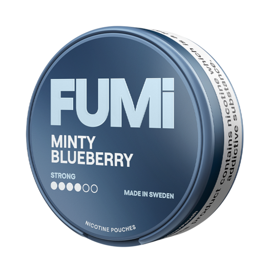 Fumi Minty Blueberry nicotine pouch container on a white background