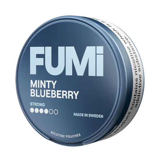 Fumi Minty Blueberry nicotine pouch container on a white background