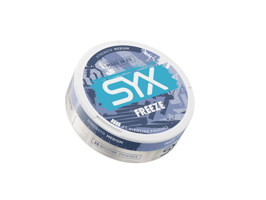SYX Freeze nicotine pouch container on a black background