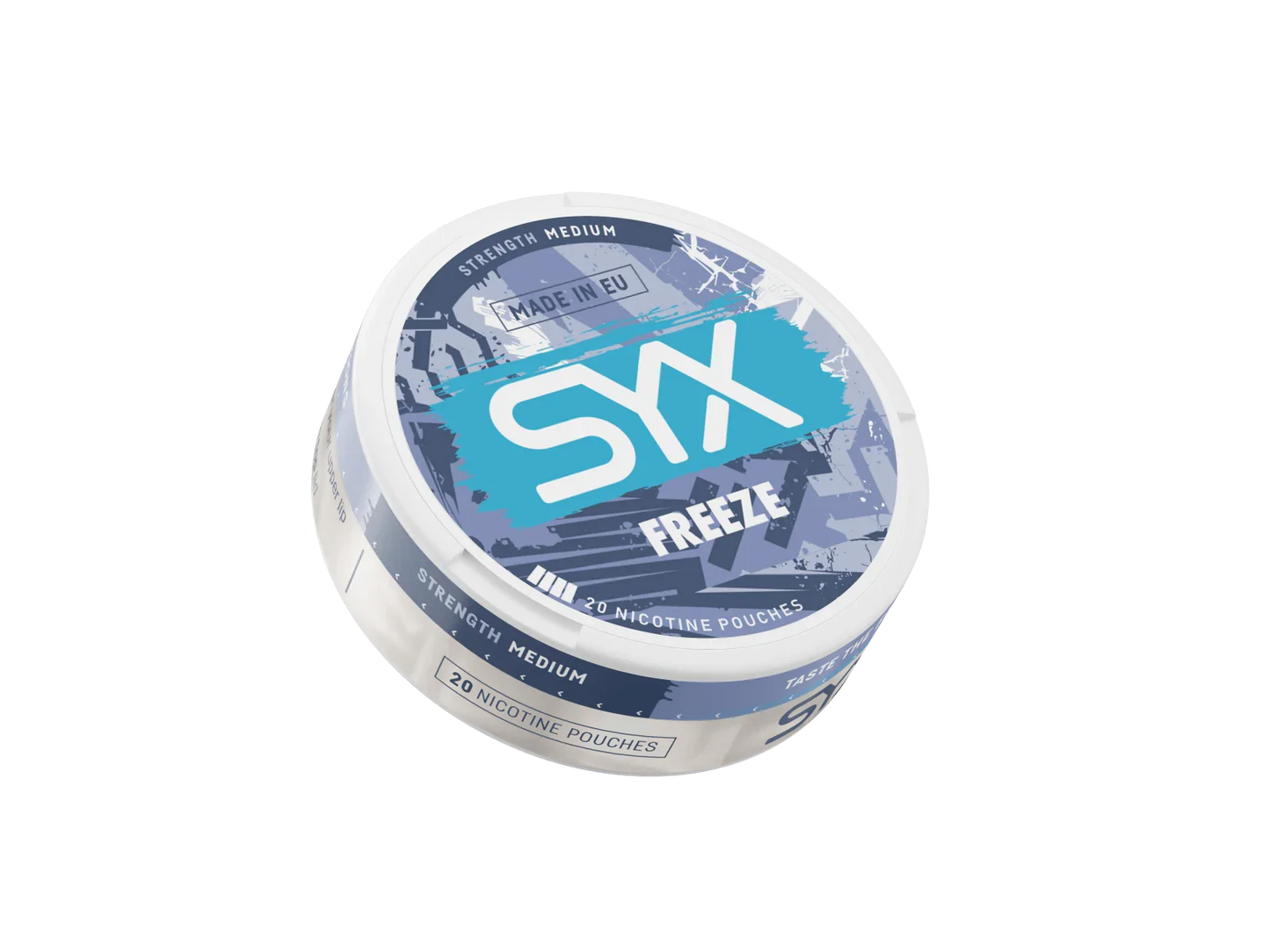 SYX Freeze nicotine pouch container on a black background