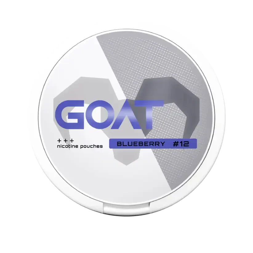 Round white container with the label "GOAT," featuring a geometric goat silhouette. Text reads: "nicotine pouches Blueberry #12.