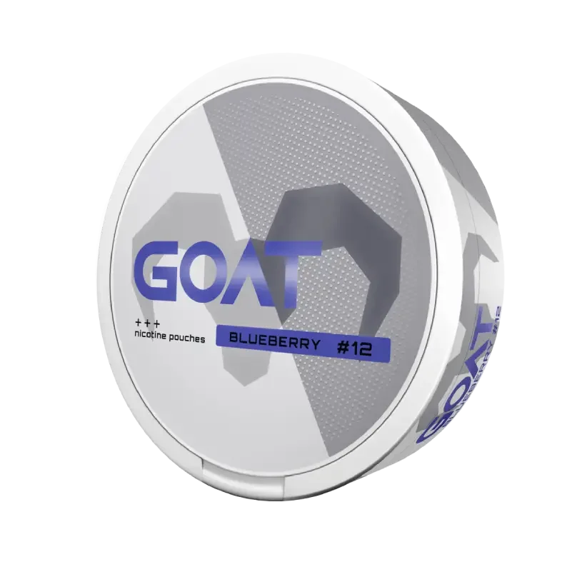 Round white container with the label "GOAT," featuring a geometric goat silhouette. Text reads: "nicotine pouches Blueberry #12.