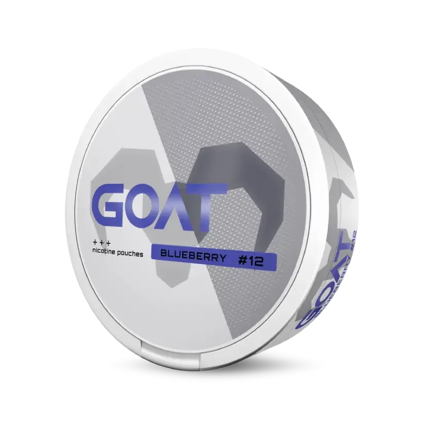 Round white container with the label GOAT, featuring a geometric goat silhouette. Text reads: nicotine pouches Blueberry #12.