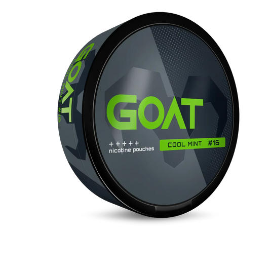 GOAT Cool Mint #16 nicotine pouches tin featuring a dark blue and black design with bold green branding and geometric accents.