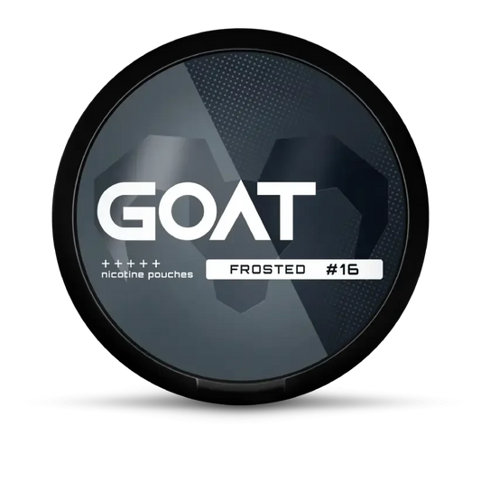 Round white container with the label GOAT, featuring a geometric goat silhouette. Text reads: nicotine pouches Frosted #16.