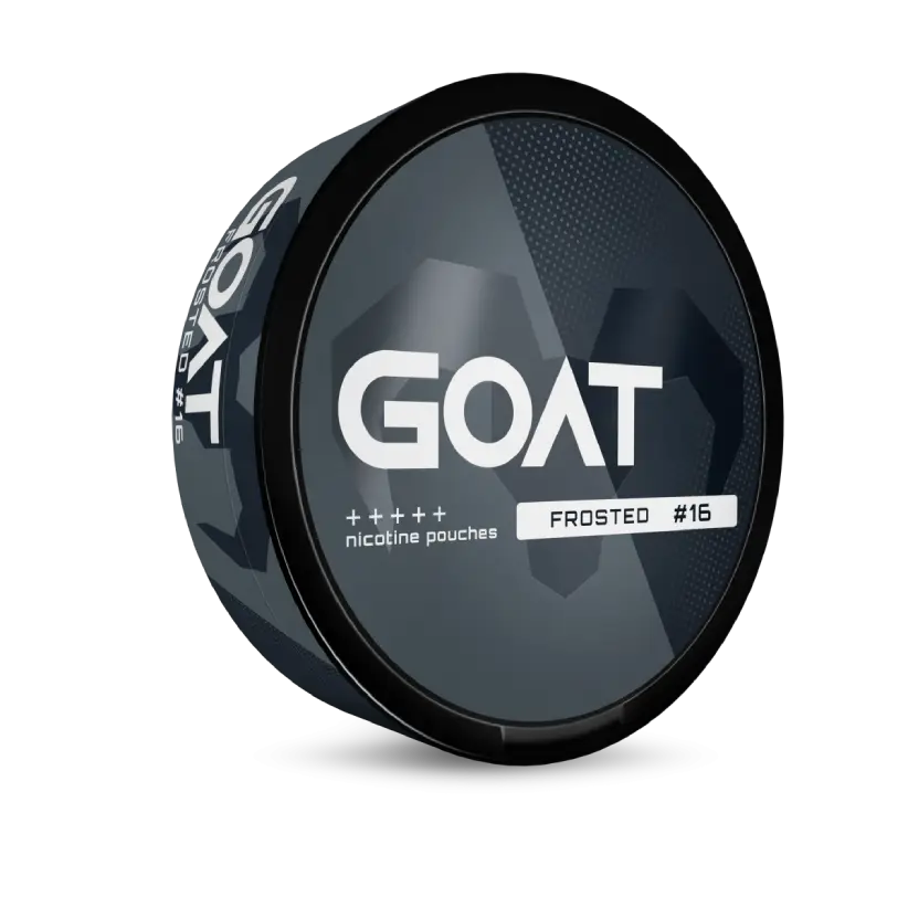 Round white container with the label GOAT, featuring a geometric goat silhouette. Text reads: nicotine pouches Frosted #16.