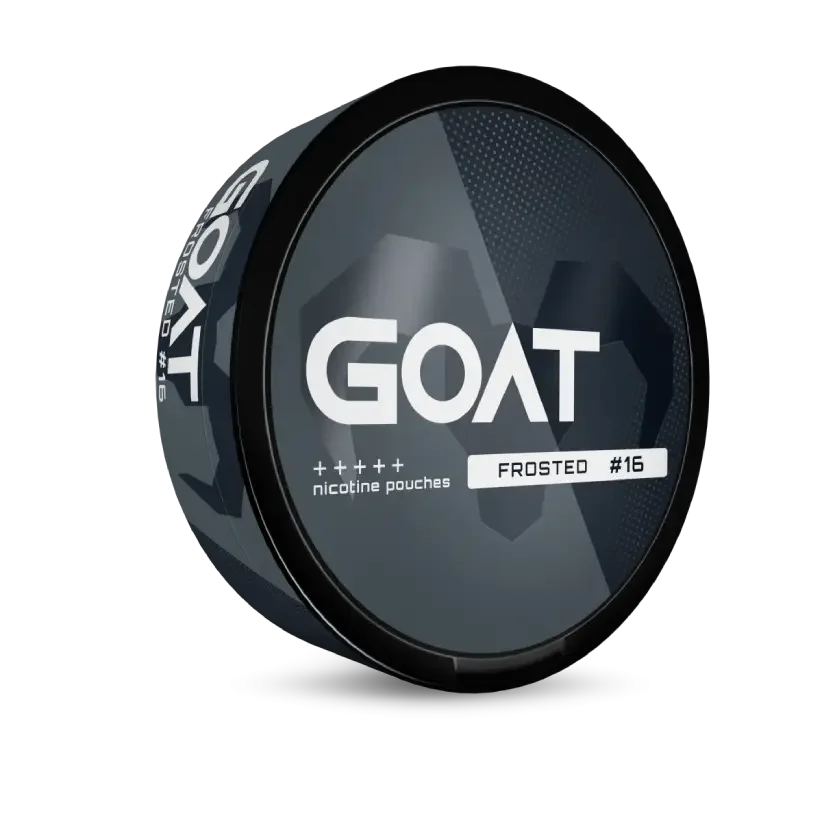 Round white container with the label GOAT, featuring a geometric goat silhouette. Text reads: nicotine pouches Frosted #16.