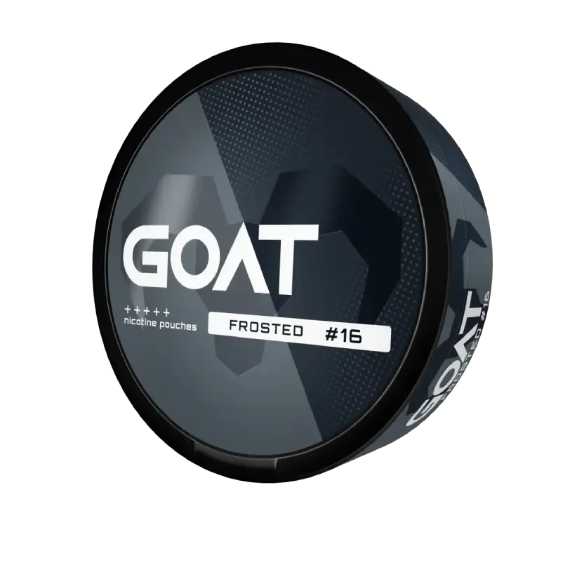 Round white container with the label "GOAT," featuring a geometric goat silhouette. Text reads: "nicotine pouches Frosted #16.