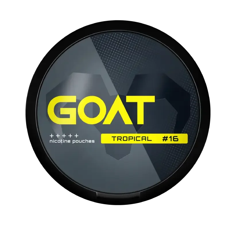 Round dark grey container with the label "GOAT," featuring a geometric goat silhouette. Text reads: "nicotine pouches Tropical #16”.