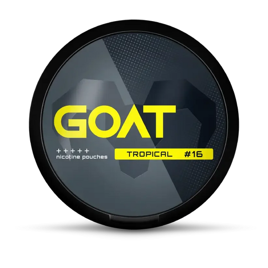 Round dark grey container with the label GOAT, featuring a geometric goat silhouette. Text reads: nicotine pouches Tropical #16”.