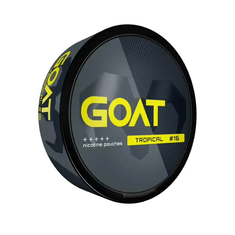 Round dark grey container with the label GOAT, featuring a geometric goat silhouette. Text reads: nicotine pouches Tropical #16”.