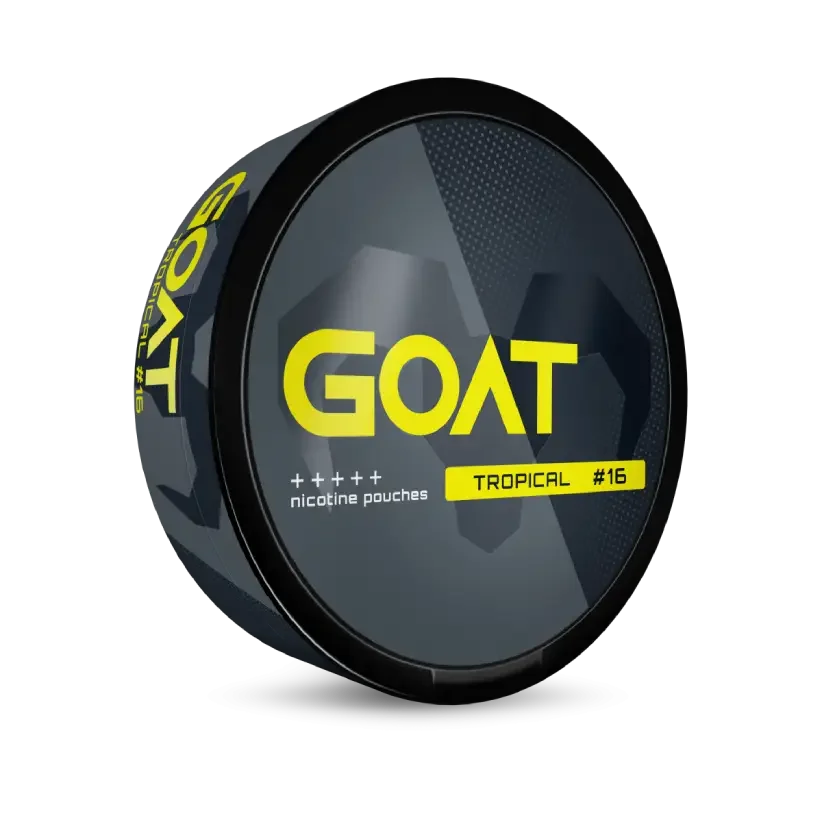 Round dark grey container with the label "GOAT," featuring a geometric goat silhouette. Text reads: "nicotine pouches Tropical #16”.