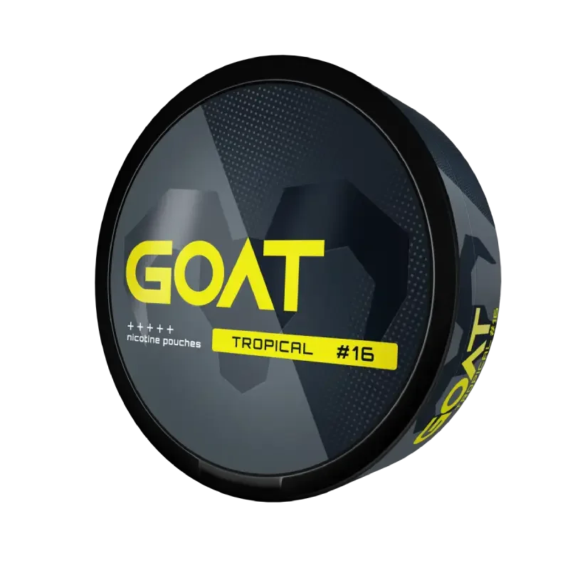 Round dark grey container with the label "GOAT," featuring a geometric goat silhouette. Text reads: "nicotine pouches Tropical #16”.