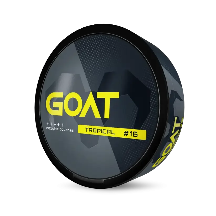 Round dark grey container with the label GOAT, featuring a geometric goat silhouette. Text reads: nicotine pouches Tropical #16”.