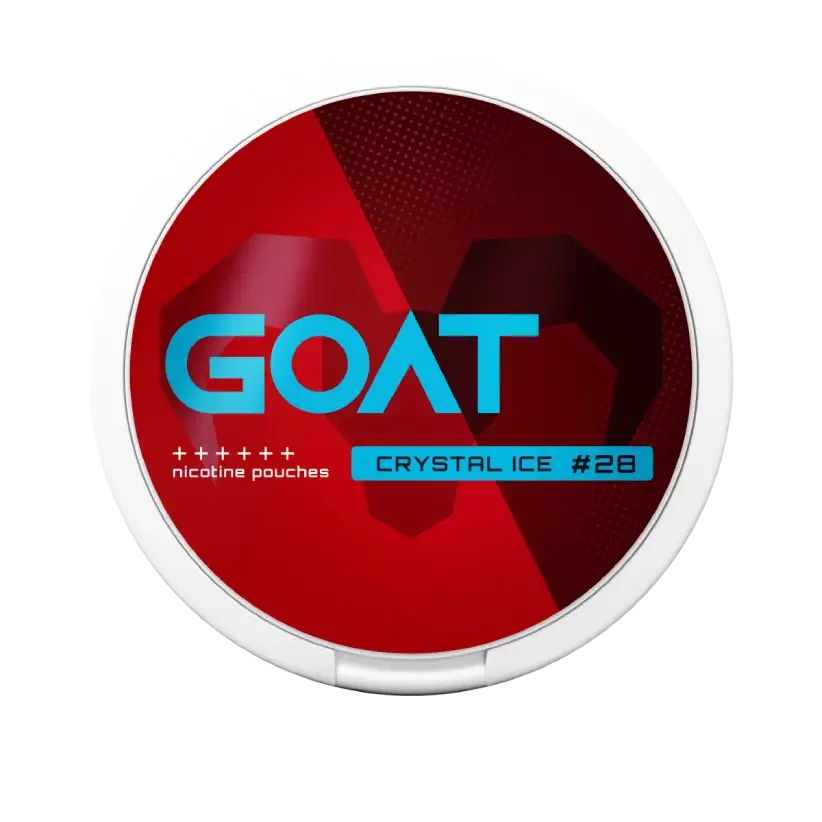Front view round red and white container with the blue label "GOAT," featuring a geometric goat silhouette. Text reads: "nicotine pouches Crystal Ice #28”.