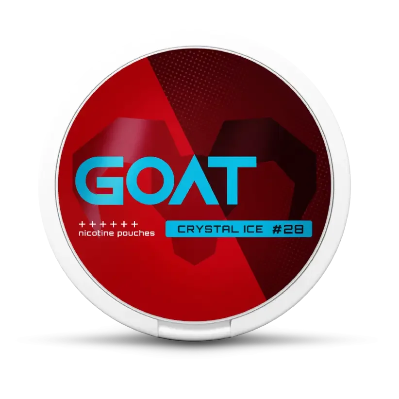 Round red and white container with the blue label GOAT, featuring a geometric goat silhouette. Text reads: nicotine pouches Crystal Ice #28”.