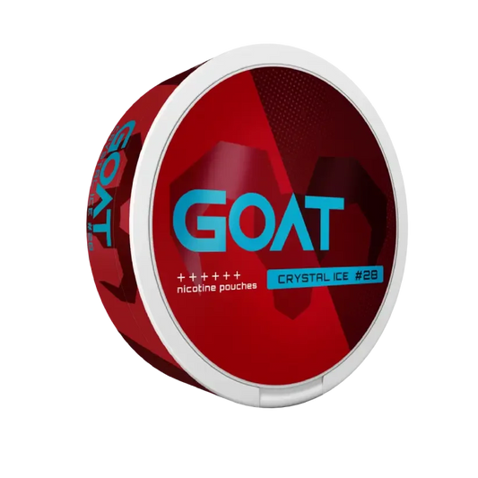 Round red and white container with the blue label GOAT, featuring a geometric goat silhouette. Text reads: nicotine pouches Crystal Ice #28”.