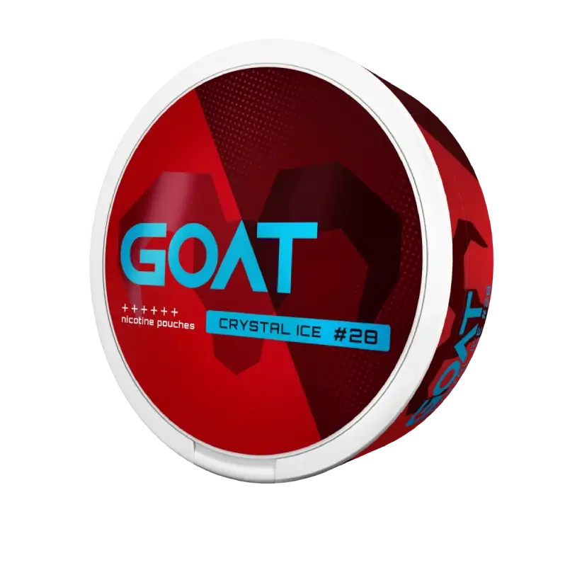 Round red and white container with the blue label "GOAT," featuring a geometric goat silhouette. Text reads: "nicotine pouches Crystal Ice #28”.