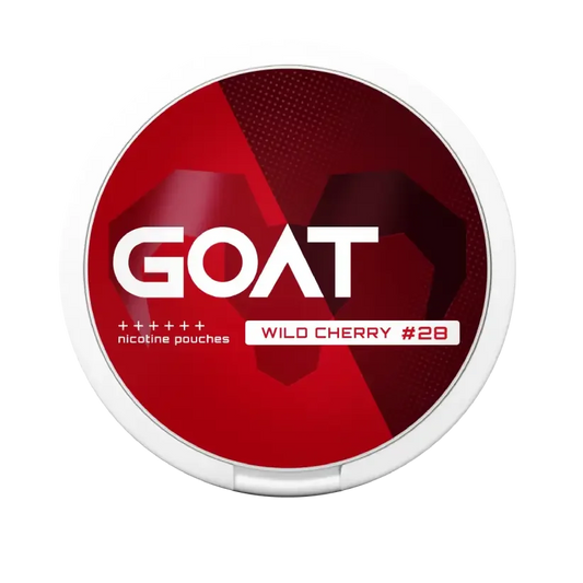 Round red and white container with the label GOAT, featuring a geometric goat silhouette. Text reads: nicotine pouches wild cherry #28”.