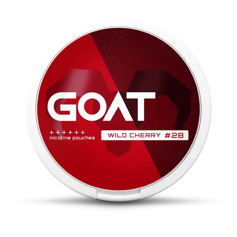 Round red and white container with the label GOAT, featuring a geometric goat silhouette. Text reads: nicotine pouches wild cherry #28”.