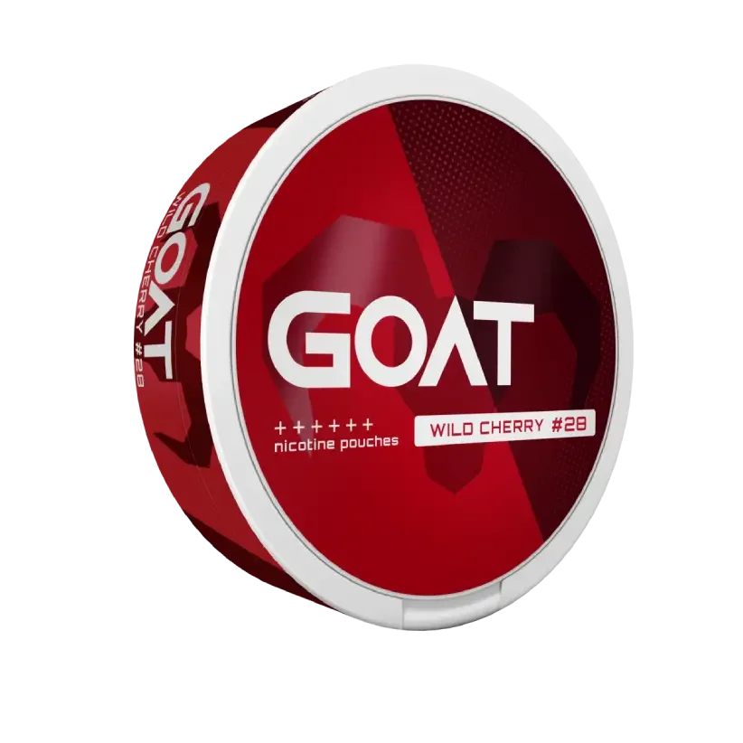 Round red and white container with the label "GOAT," featuring a geometric goat silhouette. Text reads: "nicotine pouches wild cherry #28”.